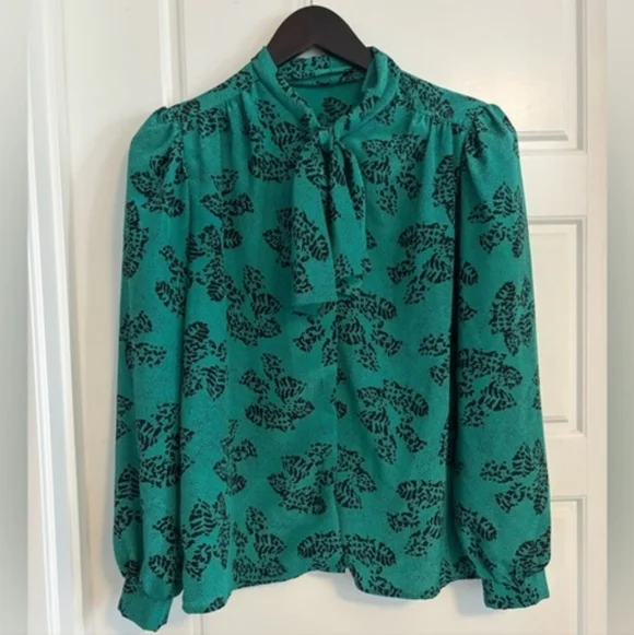 Vintage Blouse Tie Neck Secretary Pussybow Leopard Emerald Green Puff Sleeve S M - Picture 2 of 7
